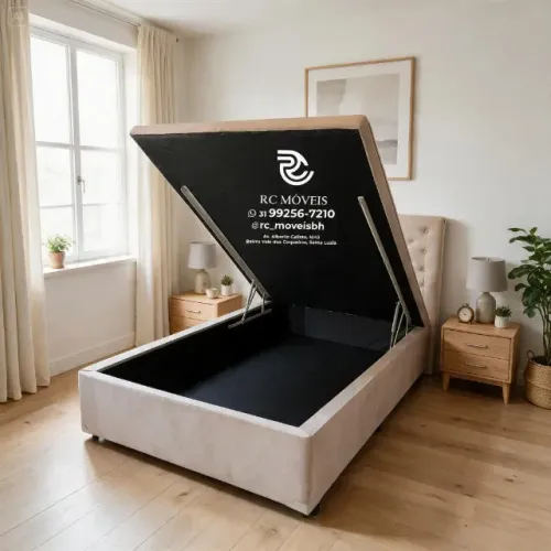 Cama Box Baú Casal 1,38x1,88 Inteiriço Pistão a Gás Suede Bege Durável