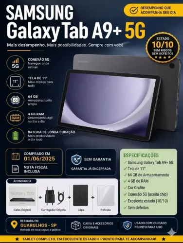Tablet Samsung Galaxy Tab A9+ 5G - Com Capa, Película e Nota Fiscal