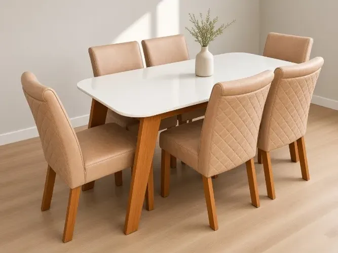 Mesa Fatto 1,60m c/ 6 Cadeiras MDF Tampo Vidro (NOVO A PRONTA ENTREGA)