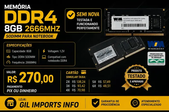 MEMÓRIA DDR4 8GB 2666MHz SODIMM PARA NOTEBOOK - SEMI NOVA