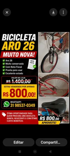 Bicicleta aro 26 de marcha com nota fiscal