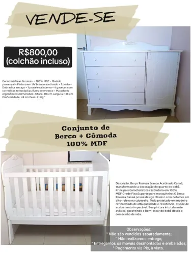 Vende-se Conjunto de Cômoda + Berço + Colchão