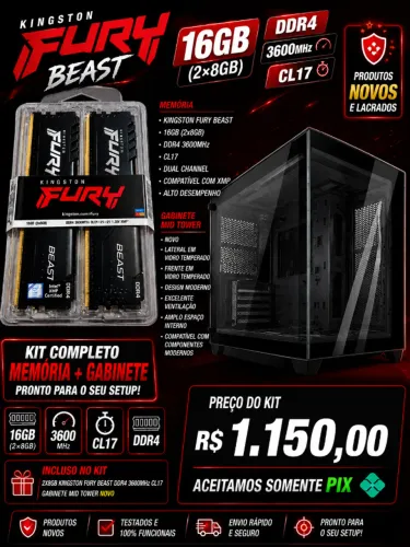 Kingston Fury Beast 16GB (2x8GB) DDR4 3600MHz CL17 ? KF436C17BBK2/16 + Gabinete Aquário