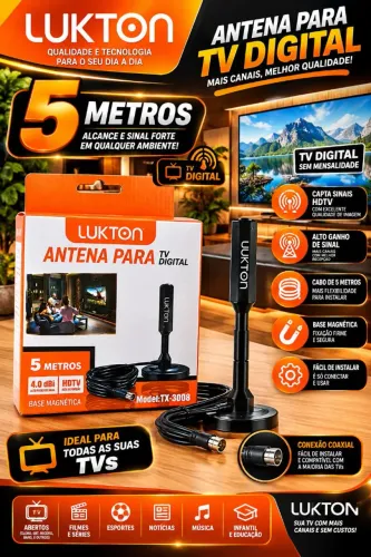 Antena Digital Interna Lukton 5m para TVs Novo