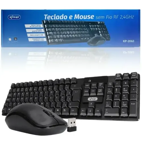 Kit Teclado e Mouse Sem Fio Knup KP-2063 2.4GHz USB ABNT2 Preto