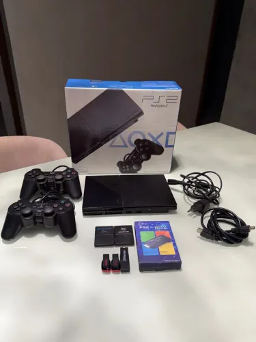 Ps2 Original Slim na Caixa com Controles Memory Card Cabos Pen Drive Adaptador