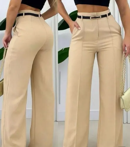 Calça pantalona de alfaiataria na cor Bege com cinto