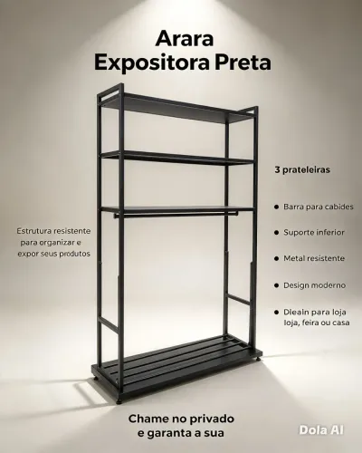 Estante expositora com prateleiras e cabideiro