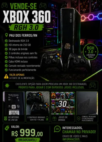 Xbox 360 RGH 3.0 Destravado + HD 250GB + 2 Controles + 30 Jogos