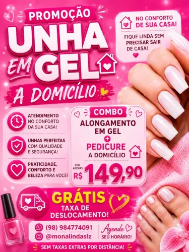 Alongamento de unha em gel a domicílio+ pedicure