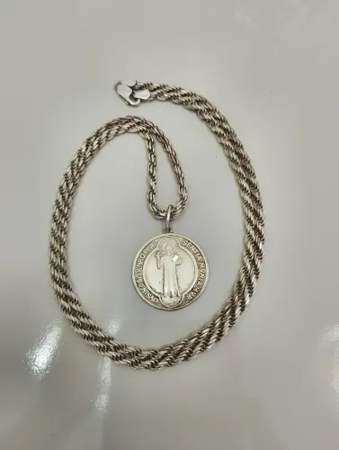 Cordao Baiano Torcido Prata 925 - 60 x 3mm + Medalha de São Bento - 5.0mm