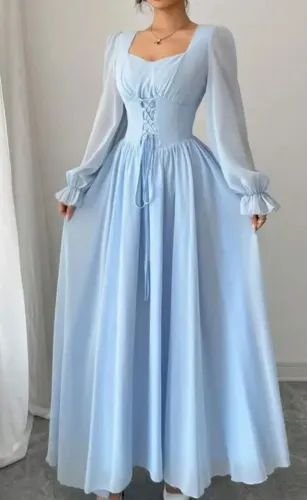 Vestido De Cintura Alta com Mangas Longas
