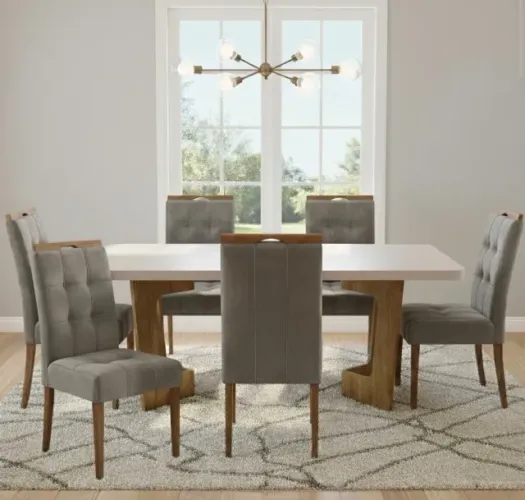 Conjunto Elegance Plus 6 Lugares Cinamomo Off White com Vidro e Cadeiras Grafite