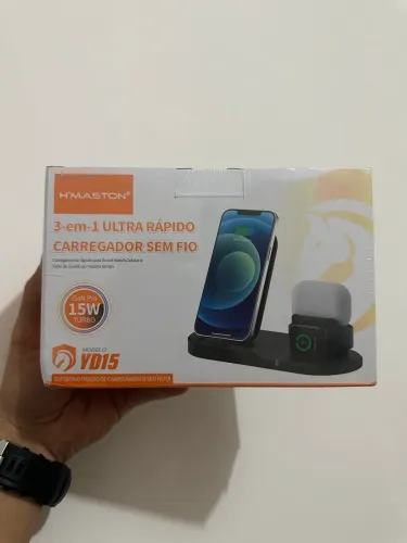 Carregador Sem Fio 3 em 1 H?Maston 15W Ultra Rápido Qi para Celular Relógio e Fone