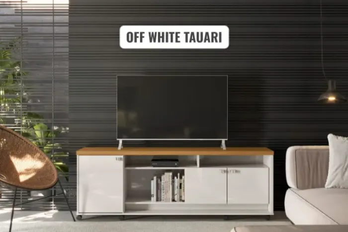 Bancada Rack para Sala Dallas Off White/Tauari 3 Portas 2 Prateleiras e Rodízios Lukaliam 