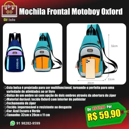 Mochila Frontal Motoboy Multifuncional Oxford