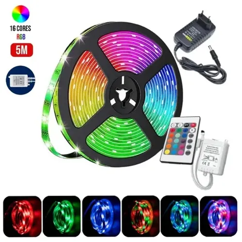 Fita Led Rgb 2835 16 Cores 5m Ip65 Controle + Fonte 12v 110V/220V