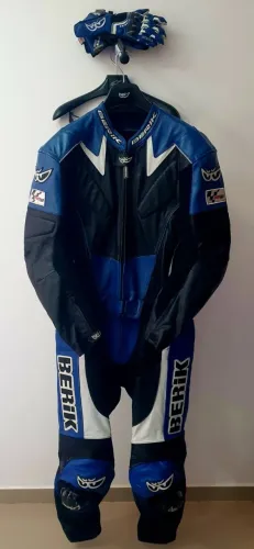 Macacão Berik 2 Peças Com Raspadores + Luvas Em Couro GG Azul (Usado)
