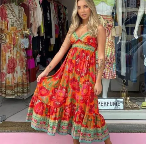 Farm - Vestido Midi Floralinda Laranja P