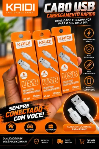 Cabo Carregador USB Tipo C Kaidi KD-318A Carregamento Rápido