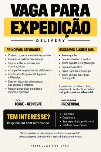 VAGA PARA EXPEDIÇÃO - DELIVERY