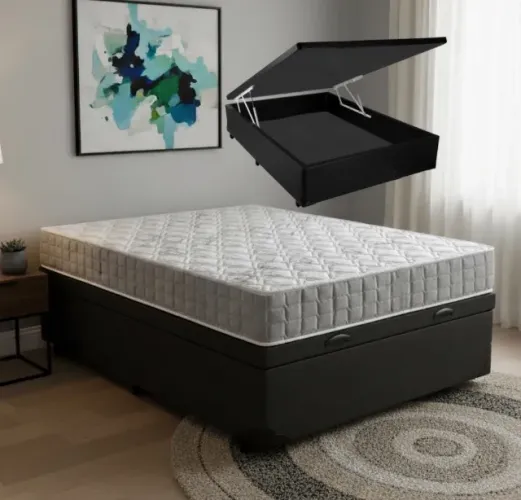 Cama Box Baú Casal Confort Firme D33 com Base Preta