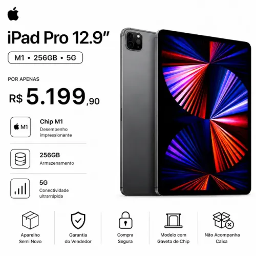 Apple Ipad Pro 12.9" M1 256GB Wi-Fi 5G Cellular A2379 Cinza Espacial