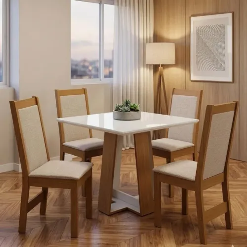 Mesa de Jantar 4C São Carlos Lais 90X90 C/Vidro Bege - Cinamomo - Off White
