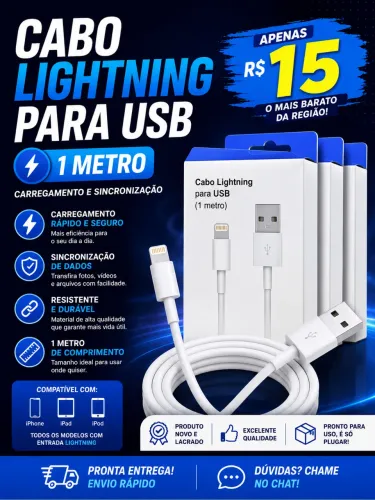 Cabo de iPhone Lightning para USB 1 Metro - Compatível com iPhone, iPad e iPod
