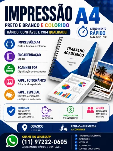 Impressão Rápida  -  IMPRESSÃO A4 - ENCADERNAÇÃO - SCANNER PDF - região Osasco-SP