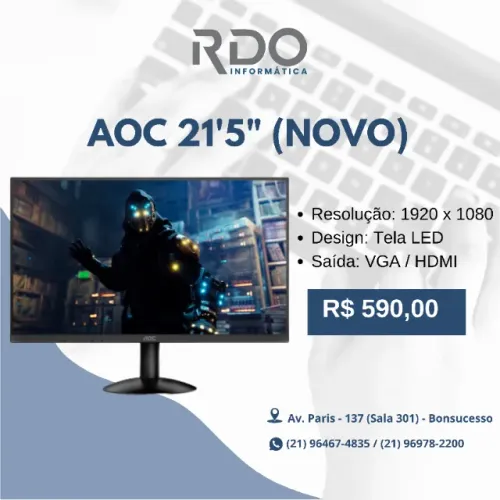 Monitor AOC 21.5" Novo LED 1920x1080 HDMI/VGA - Monitor novo ideal para trabalho e etc