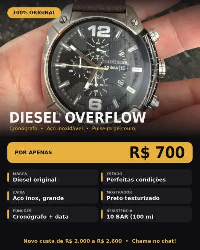 DIESEL OVERFLOW Cronógrafo ? Aço inoxidável ? Pulseira de couro