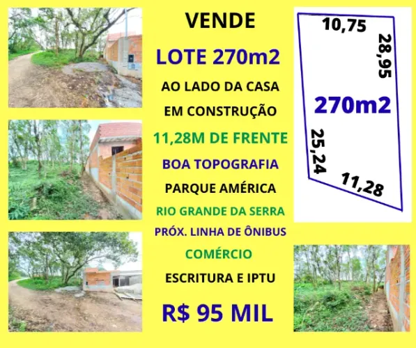 Terreno 270m2 11m de frente Parque América Rio Gde da Serra Escritura e Iptu