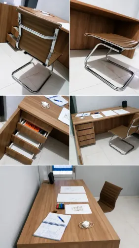 Mesa de escrito em L  e cadeira com  gavetas com puxador metálico e estrutura em MDP.