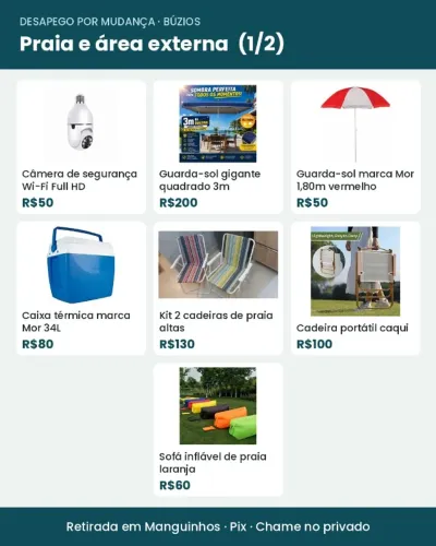 Vários itens para praia e área externa (churrasqueira, varanda, jardim)