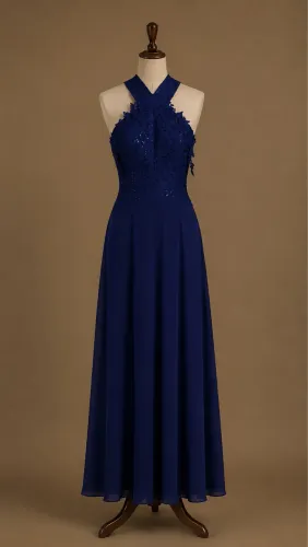 Vestido Azul Royal com Renda e Aplicações