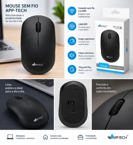 Mouse Sem Fio Wireless 2.4GHz 1200 DPI App-Tech Preto para Notebook PC