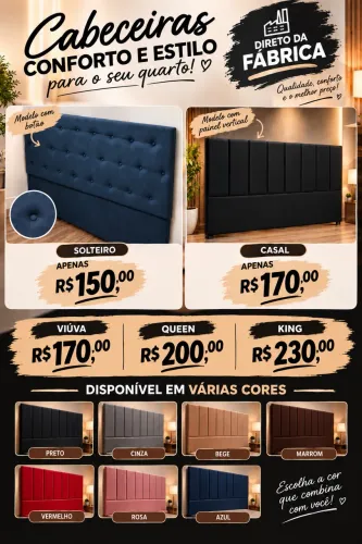 Cabeceira de Solteiro, Casal, Viúva, Queen e King 