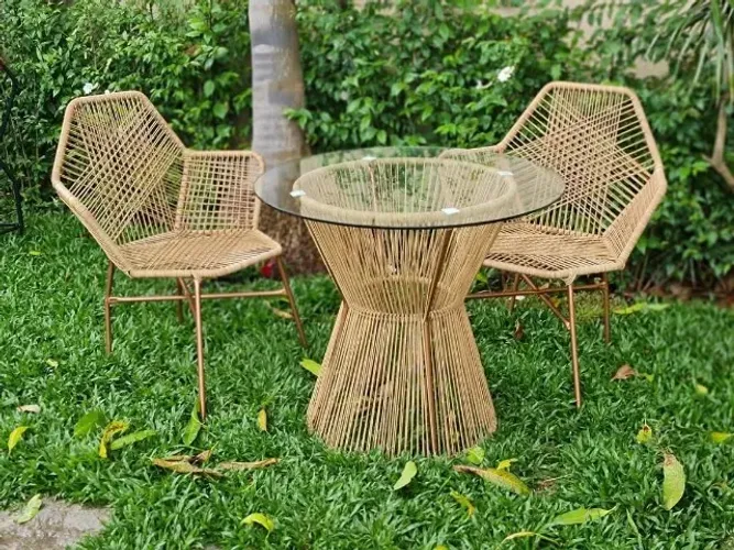 MESA TURIM DE CORDA NÁUTICA COM TAMPO DE VIDRO + 2 CADEIRAS PRISMA