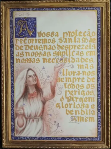 Quadro feito à mão com oração à Nossa Senhora