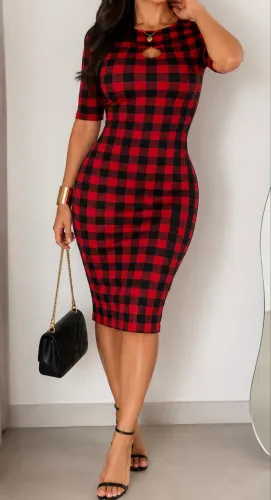 Vestido Xadrez Vermelho e Preto Tubinho - Modela a Cintura (Veste M/G)