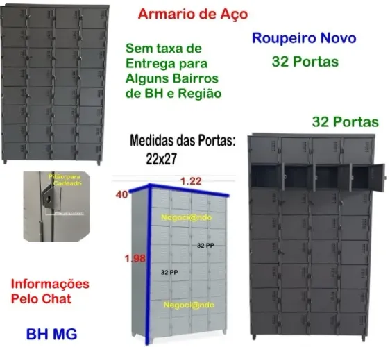 Escaninho Armario de Aço 32 Portas roupeiro Volume Industria Academia Vestiário comercio