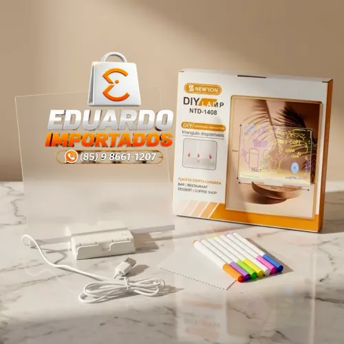 Luminária Acrílica LED 3D para Escrever Desenhar com fio USB e Canetas Coloridas