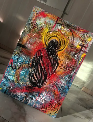 Quadro Jesus Arte Moderna Grafite Colorido Grande