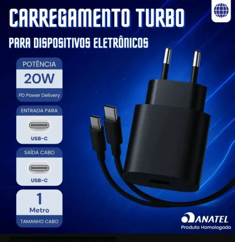 Carregador Turbo 20W USB-C com Cabo Tipo C 1 Metro