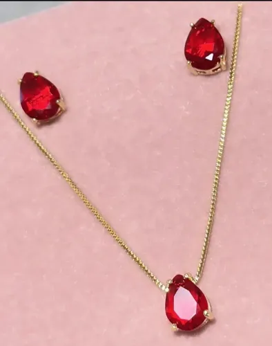 Conjunto semi joias pedra gotas rubi