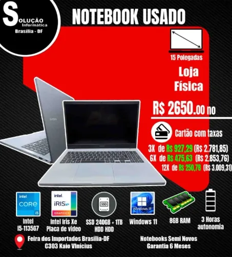 Notebook Samsung Intel Core I5-1135G7 Intel Iris XE 8GB RAM SSD 240GB 1TB HD Win 11 15* Po