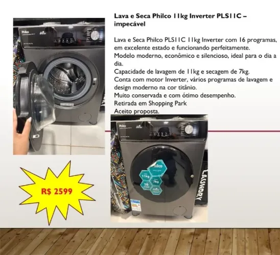 Lava e Seca Philco 11kg Inverter PLS11C - impecável