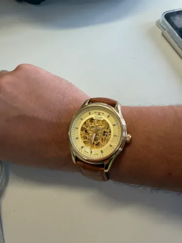 Relógio Masculino Technos Skeleton Automático Couro 8n24aq/0 Marrom Dourado Champanhe