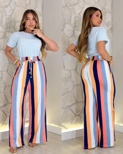Calça Pantalona na Malha Suede Listrada Tamanho Único veste do 36 ao 46 